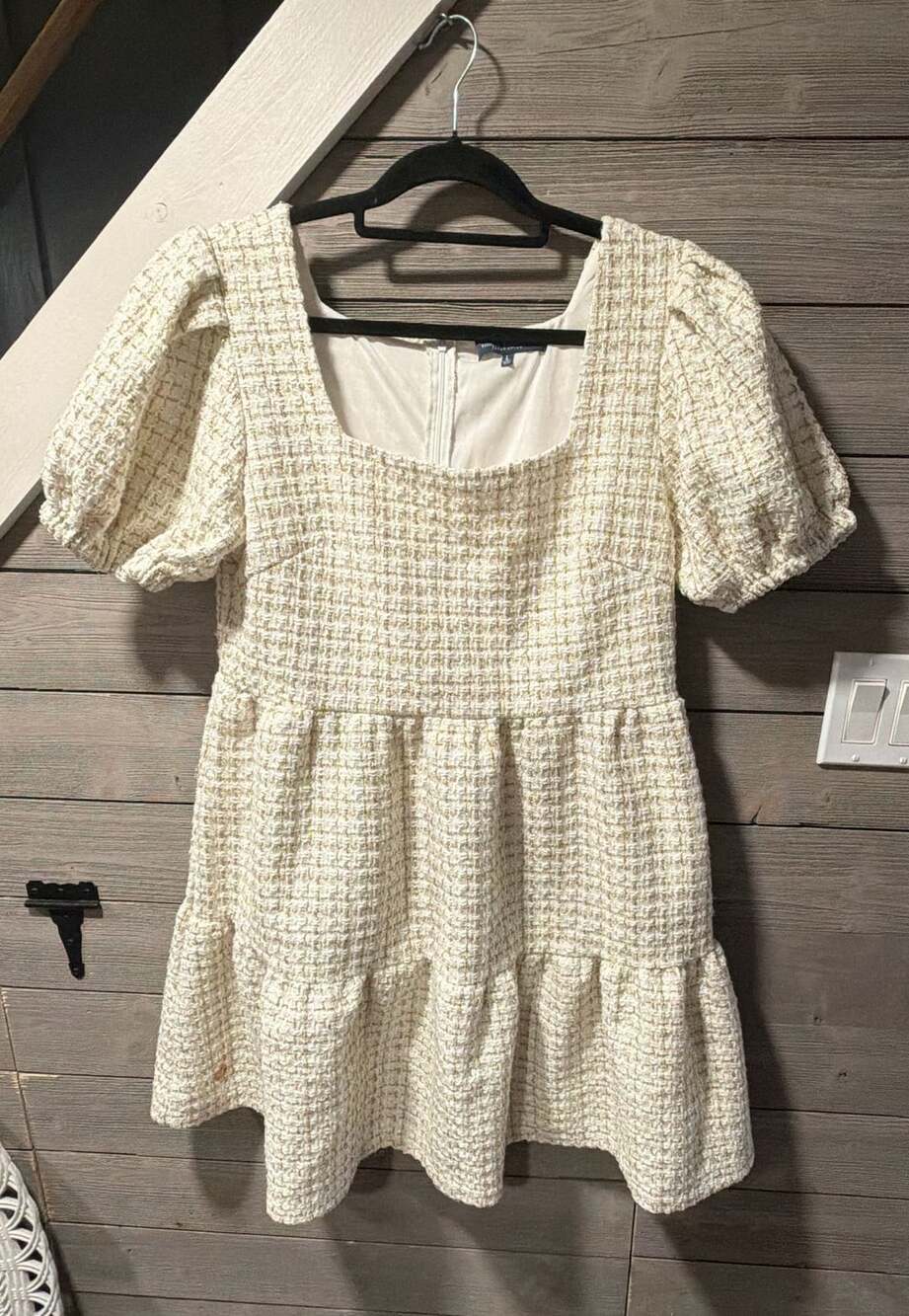 Simply Southern Tweed Dress Size L White Gold Puff Sleeve Mini